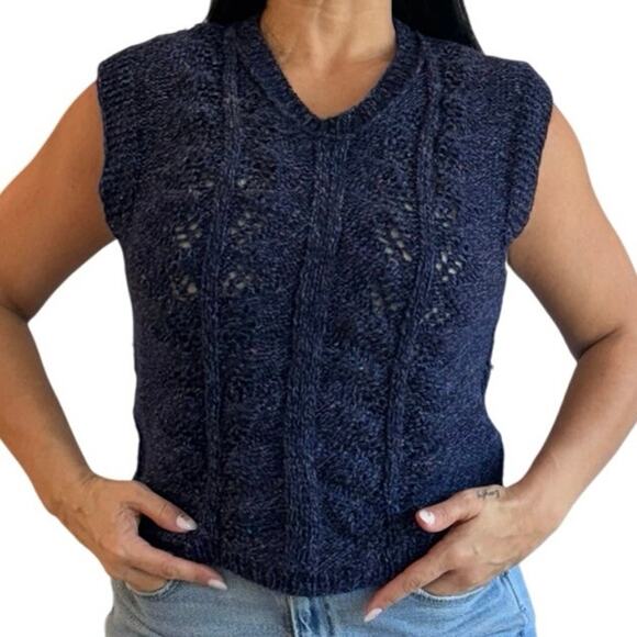 Handmade navy blue knit sweater vest cable leaf pattern cottagecore retro M - Picture 1 of 6